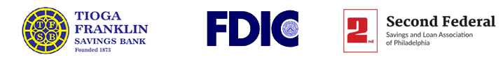 Logos of Closing bank: Tioga-Franklin Savings Bank, Receiver: FDIC and Acquiring Institution: Second Federal Savings and Loan Association of Philadelphia